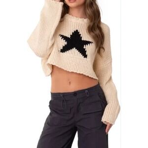 Edikted Mega Star‎ Cropped Sweater Top Grunge Long Sleeve Cream Women Size M/L